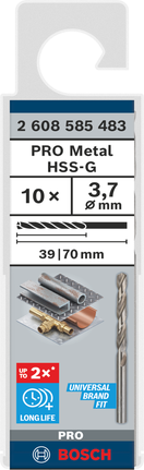 Broca helicoidal Bosch PRO Metal HSS-G 3,7 mm, pacote com 10 unidades.